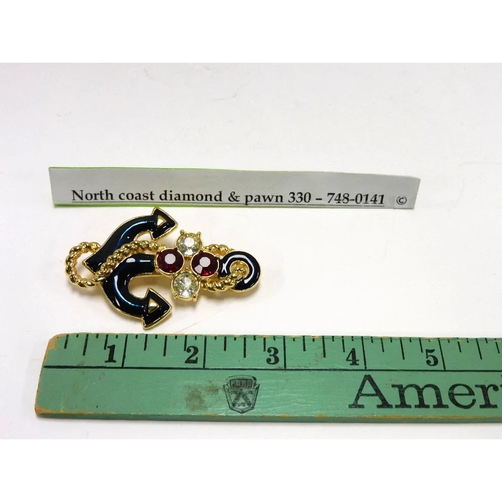 Vintage Gold Tone Nautical Anchor Brooch Navy Enamel Red Clear Rhinestones DW13